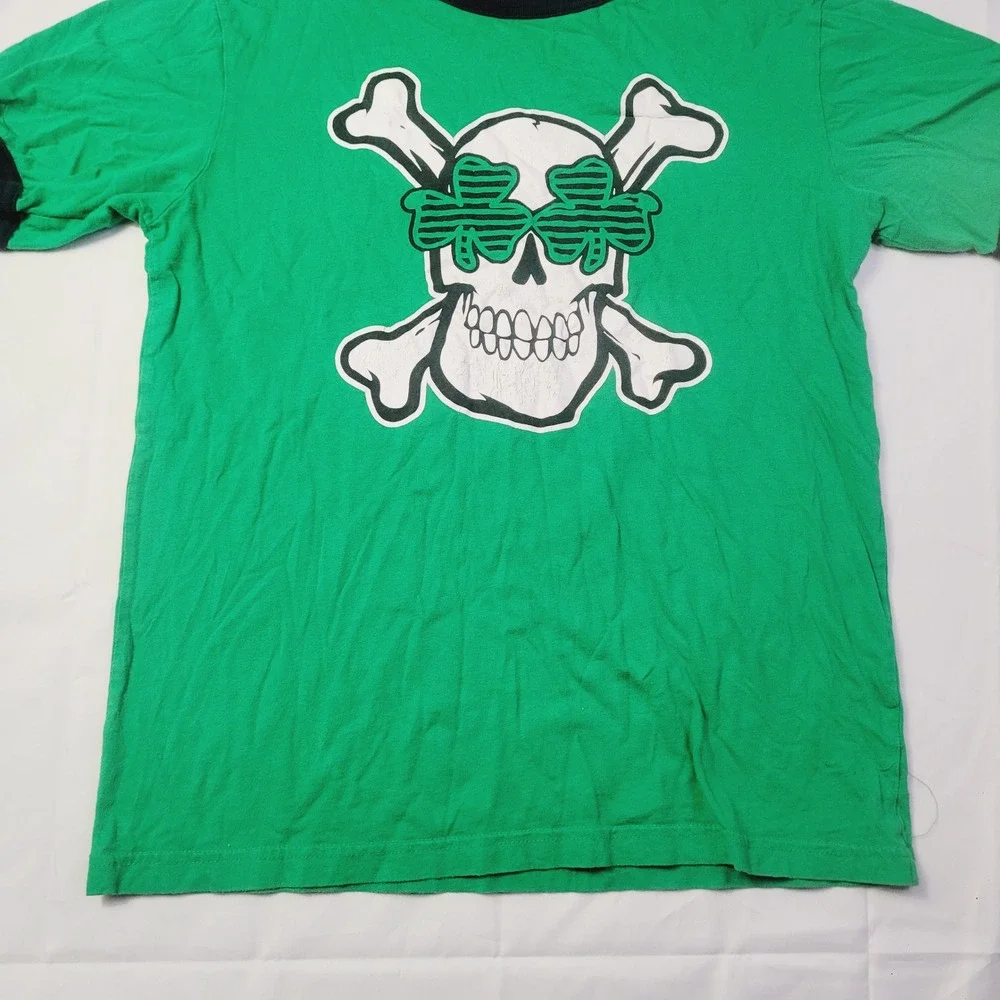 Childrens Place Boys Skull Shamrock Ringer T-Shirt XL 14 Green B73